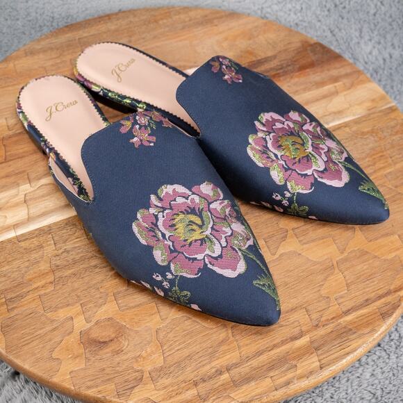 J.Crew Pointed-Toe Mule Slides Floral Navy Blue Brocade Women's Size 10 - Picture 1 of 7